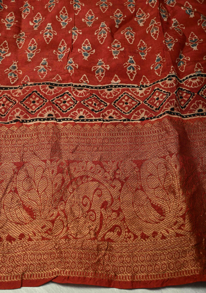 Brick Red Modal Silk Fusion Saree with Hand Block Print and Zari Border