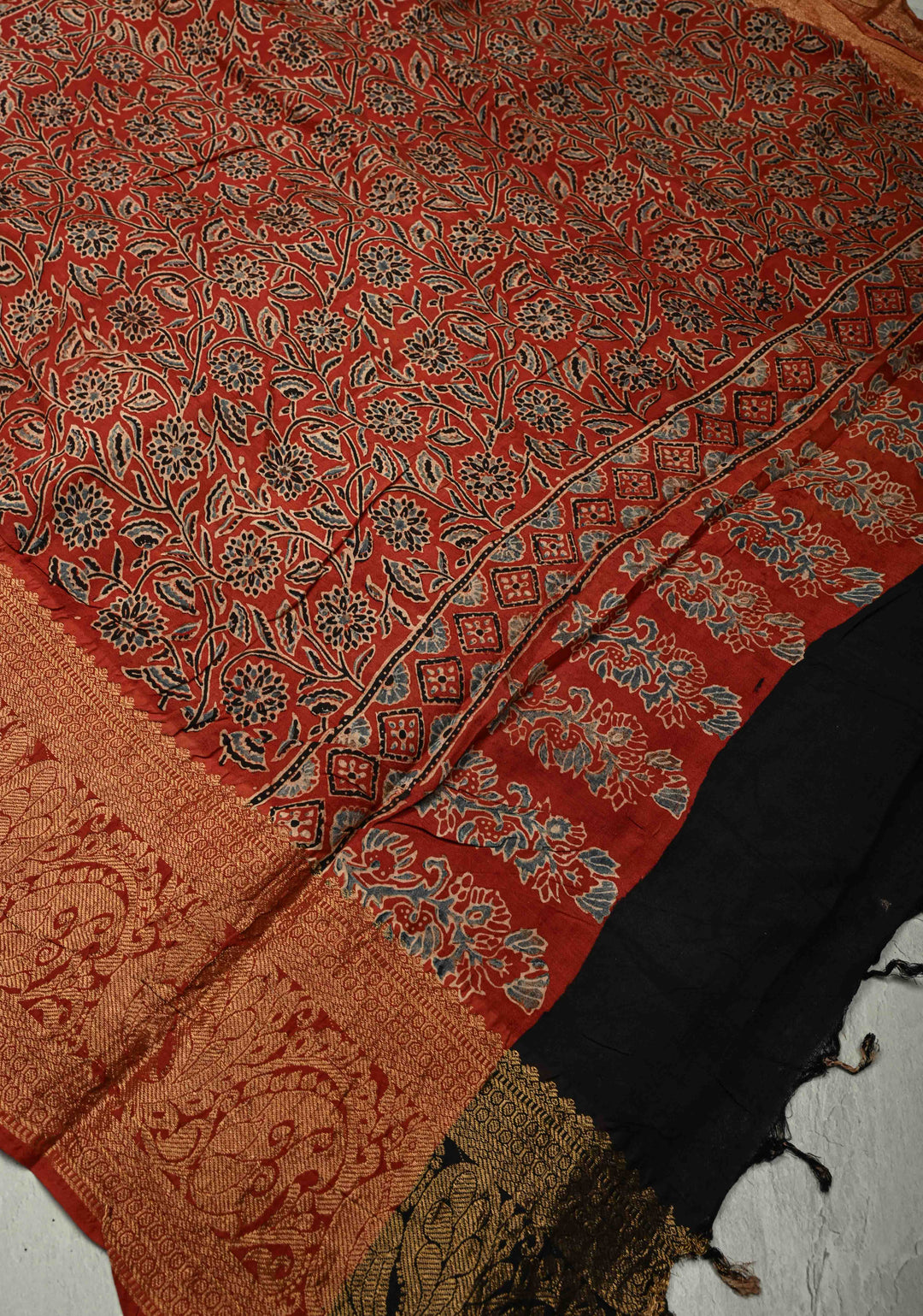 Brick Red Modal Silk Fusion Saree with Hand Block Print and Zari Border