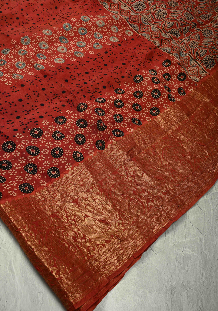 Brick Red Modal Silk Fusion Saree with Hand Block Print and Zari Border
