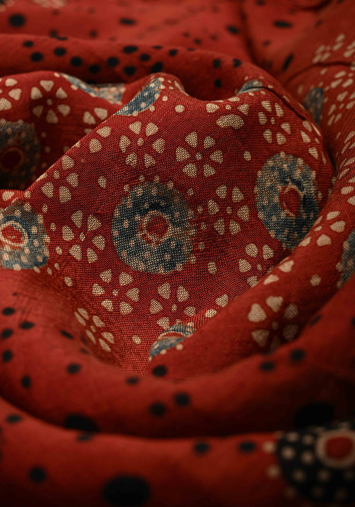 Brick Red Modal Silk Fusion Saree with Hand Block Print and Zari Border