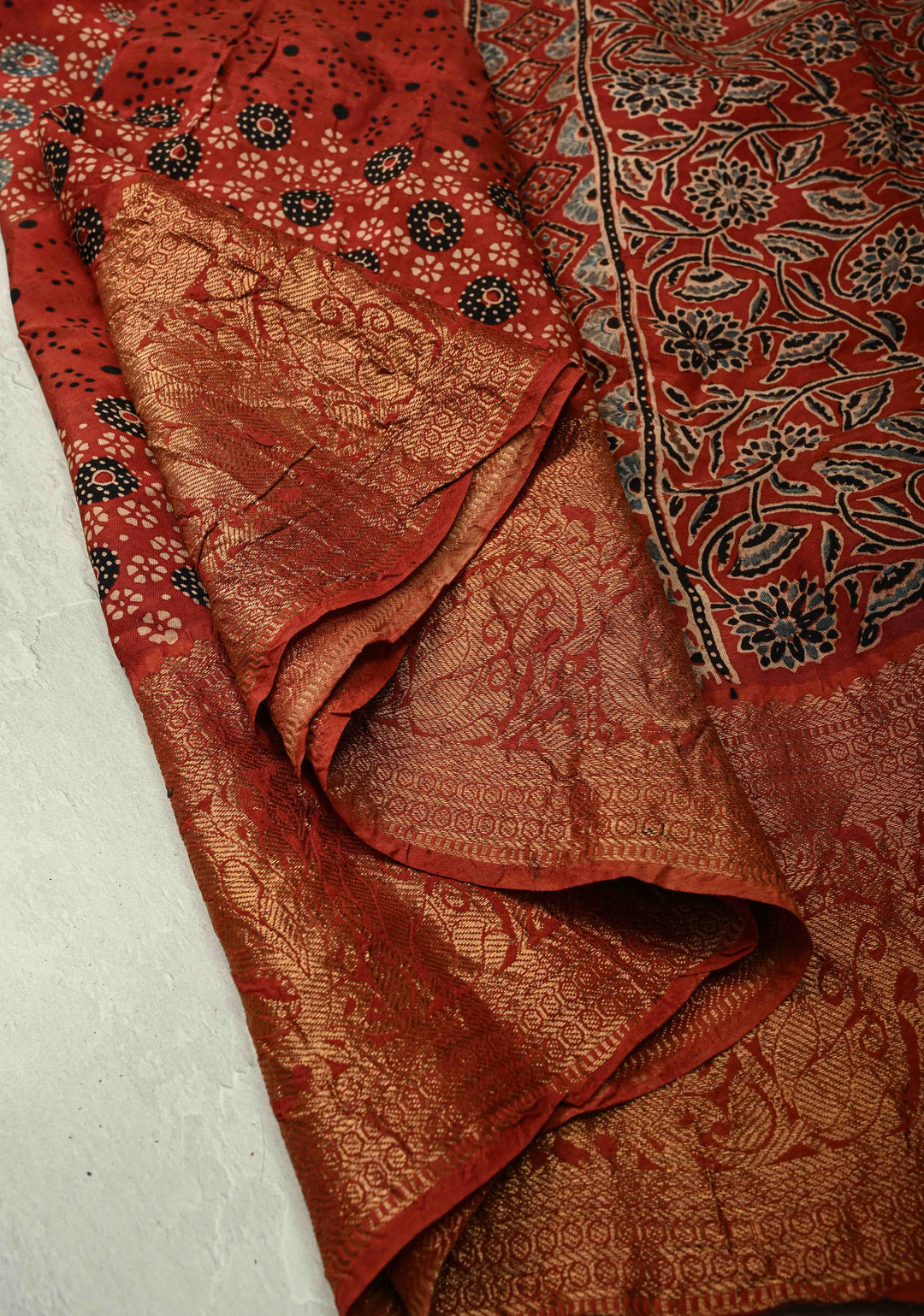 Brick Red Modal Silk Fusion Saree with Hand Block Print and Zari Border