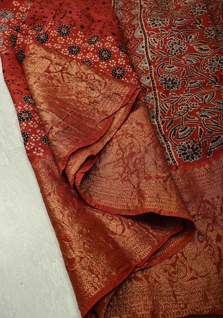 Brick Red Modal Silk Fusion Saree with Hand Block Print and Zari Border