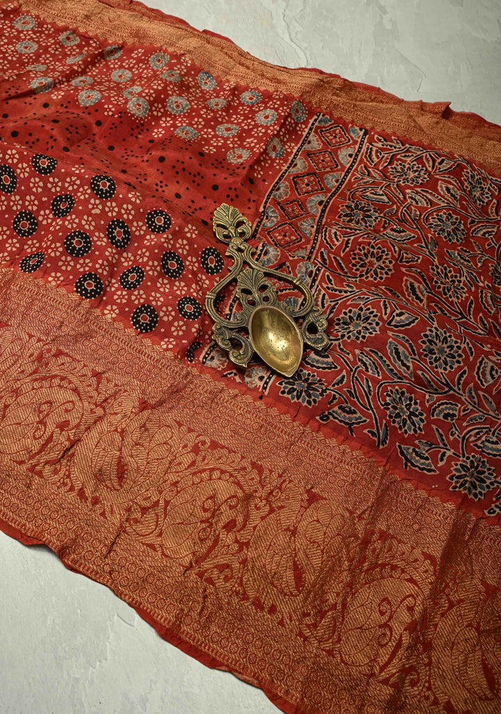 Brick Red Modal Silk Fusion Saree with Hand Block Print and Zari Border
