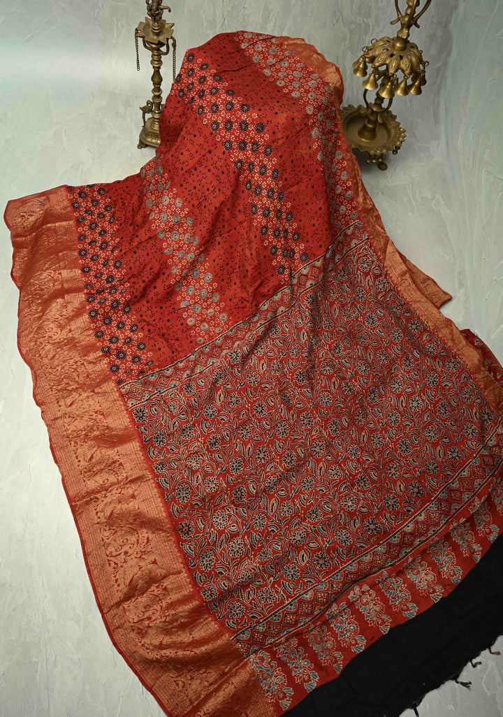 Brick Red Modal Silk Fusion Saree with Hand Block Print and Zari Border