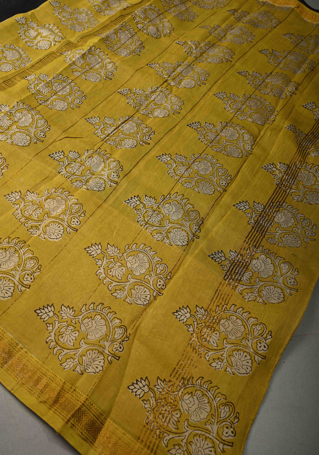 Black Chanderi Silk Cotton Saree with with Mustard hand block print Border | SHOBITAM