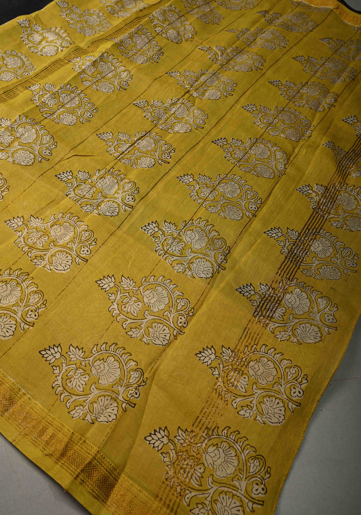 Black Chanderi Silk Cotton Saree with with Mustard hand block print Border | SHOBITAM