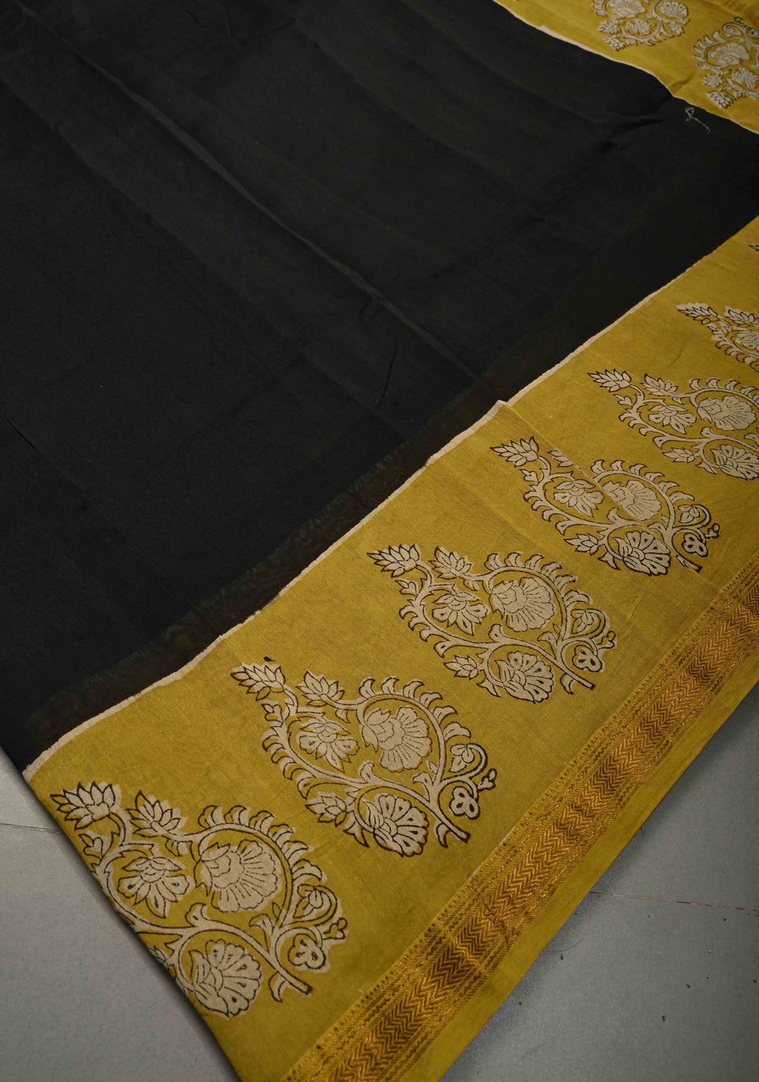 Black Chanderi Silk Cotton Saree with with Mustard hand block print Border | SHOBITAM