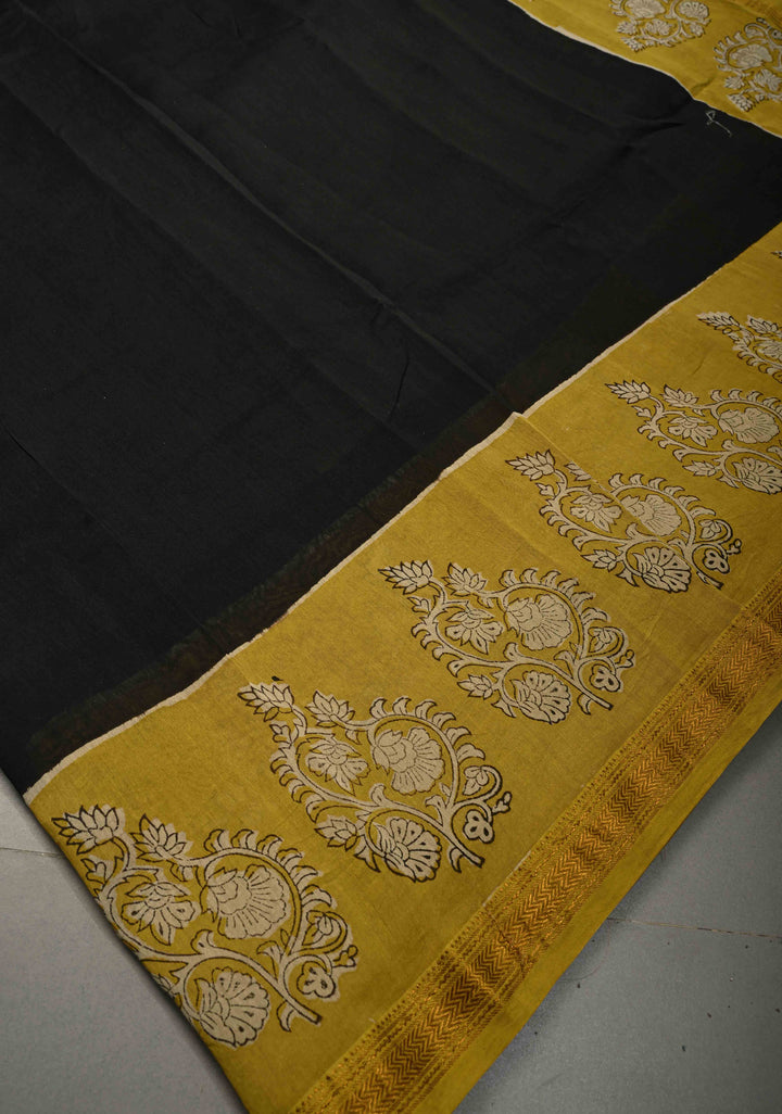 Black Chanderi Silk Cotton Saree with with Mustard hand block print Border | SHOBITAM