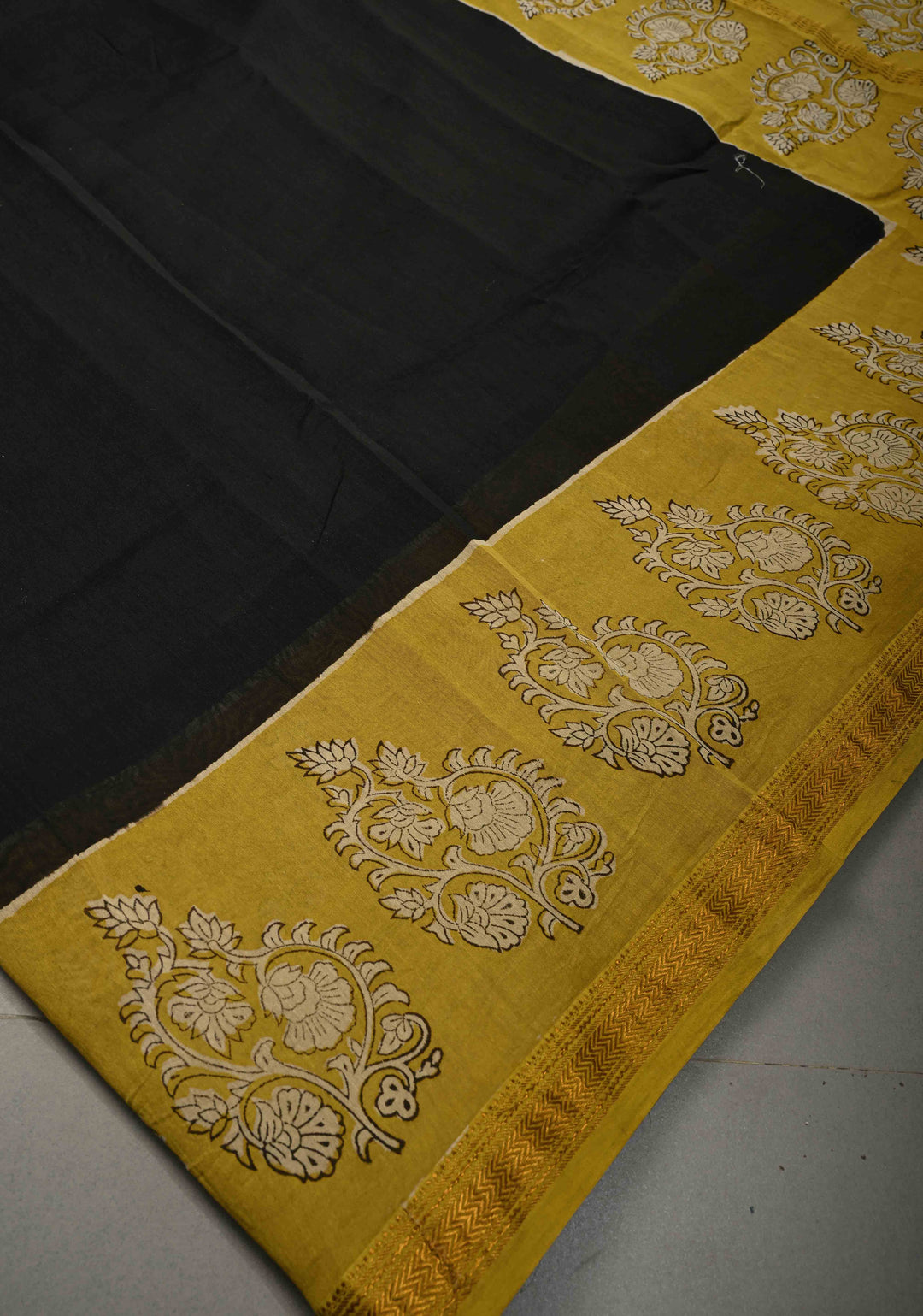 Black Chanderi Silk Cotton Saree with with Mustard hand block print Border | SHOBITAM