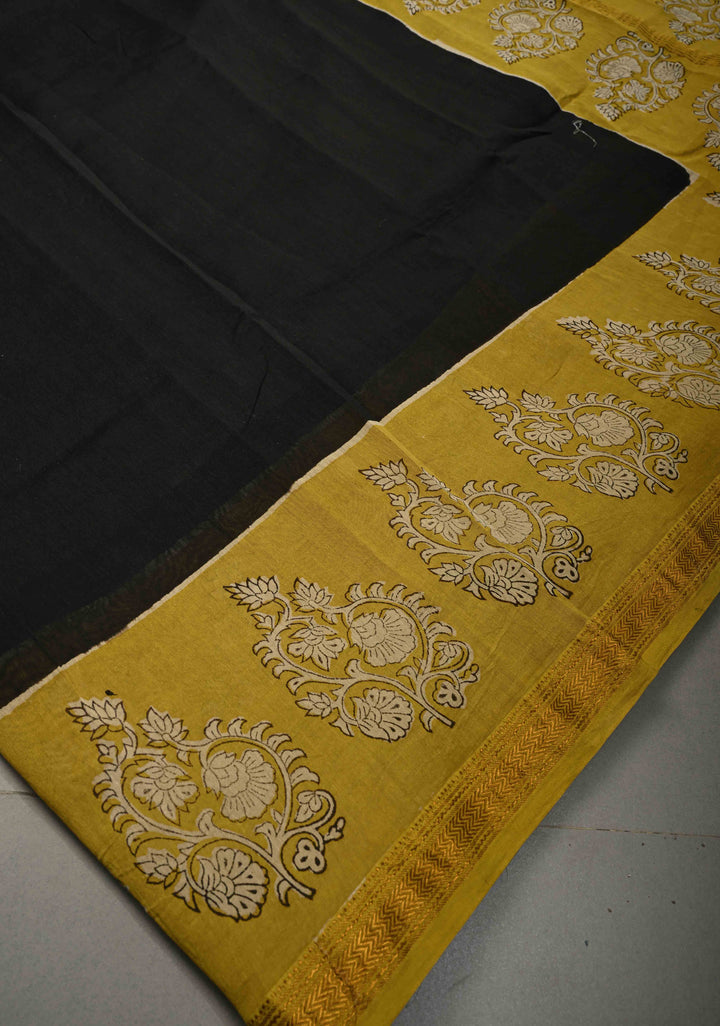 Black Chanderi Silk Cotton Saree with with Mustard hand block print Border | SHOBITAM