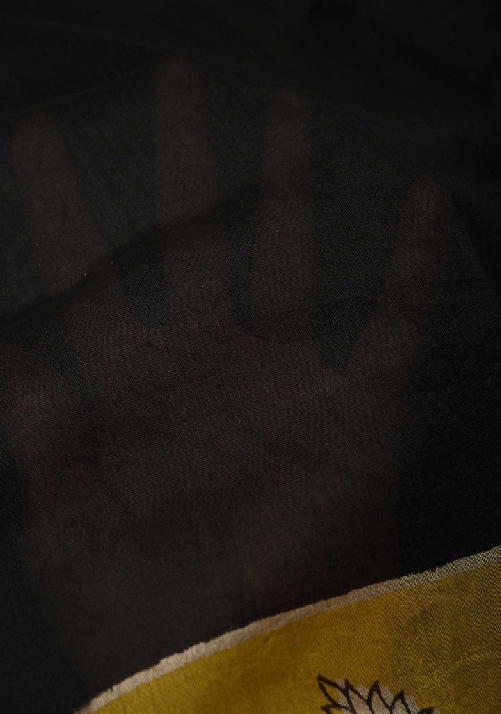 Black Chanderi Silk Cotton Saree with with Mustard hand block print Border | SHOBITAM