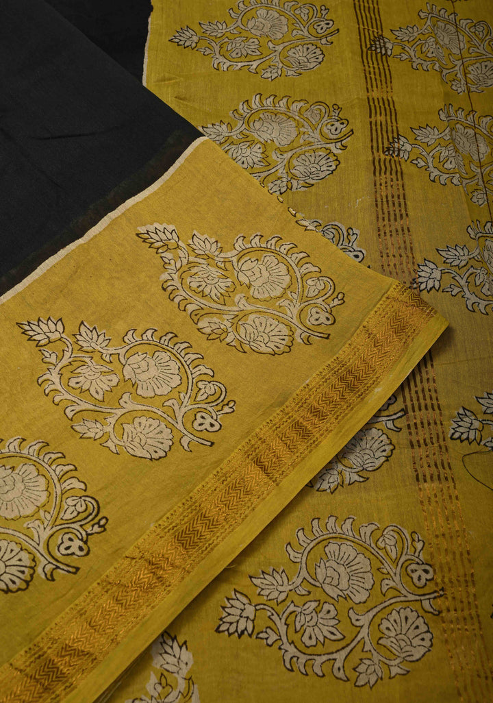 Black Chanderi Silk Cotton Saree with with Mustard hand block print Border | SHOBITAM