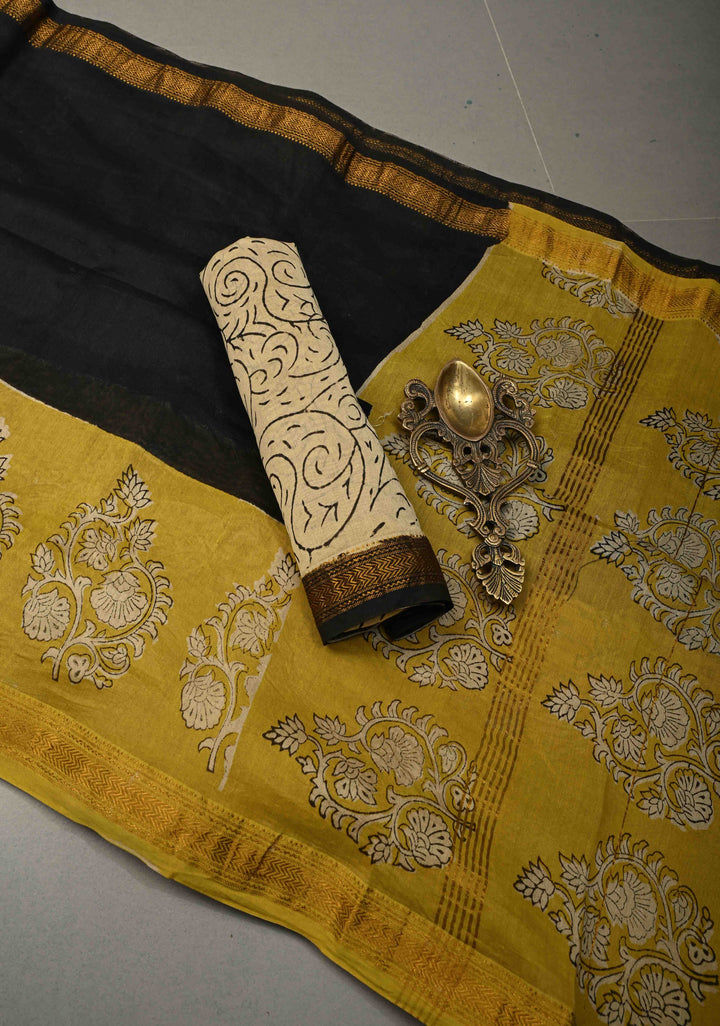 Black Chanderi Silk Cotton Saree with with Mustard hand block print Border | SHOBITAM