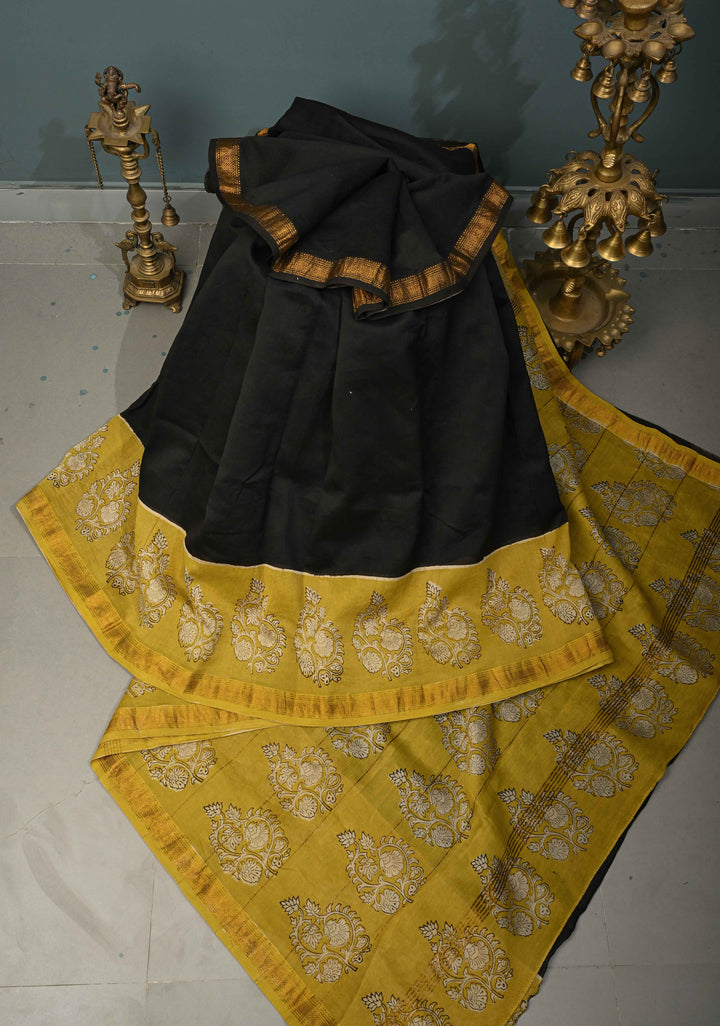 Black Chanderi Silk Cotton Saree with with Mustard hand block print Border | SHOBITAM