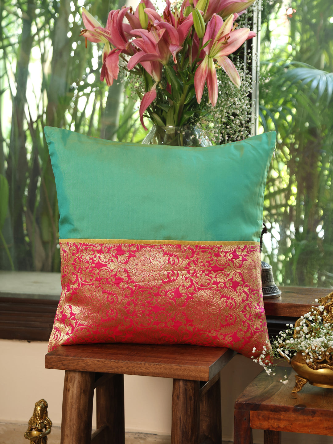 Peach Flower Printed Cushion Cover With Fringes And Tassels