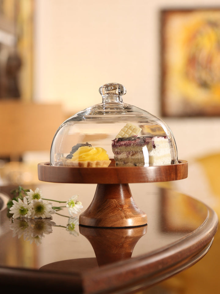 Wooden cake stand with cloche