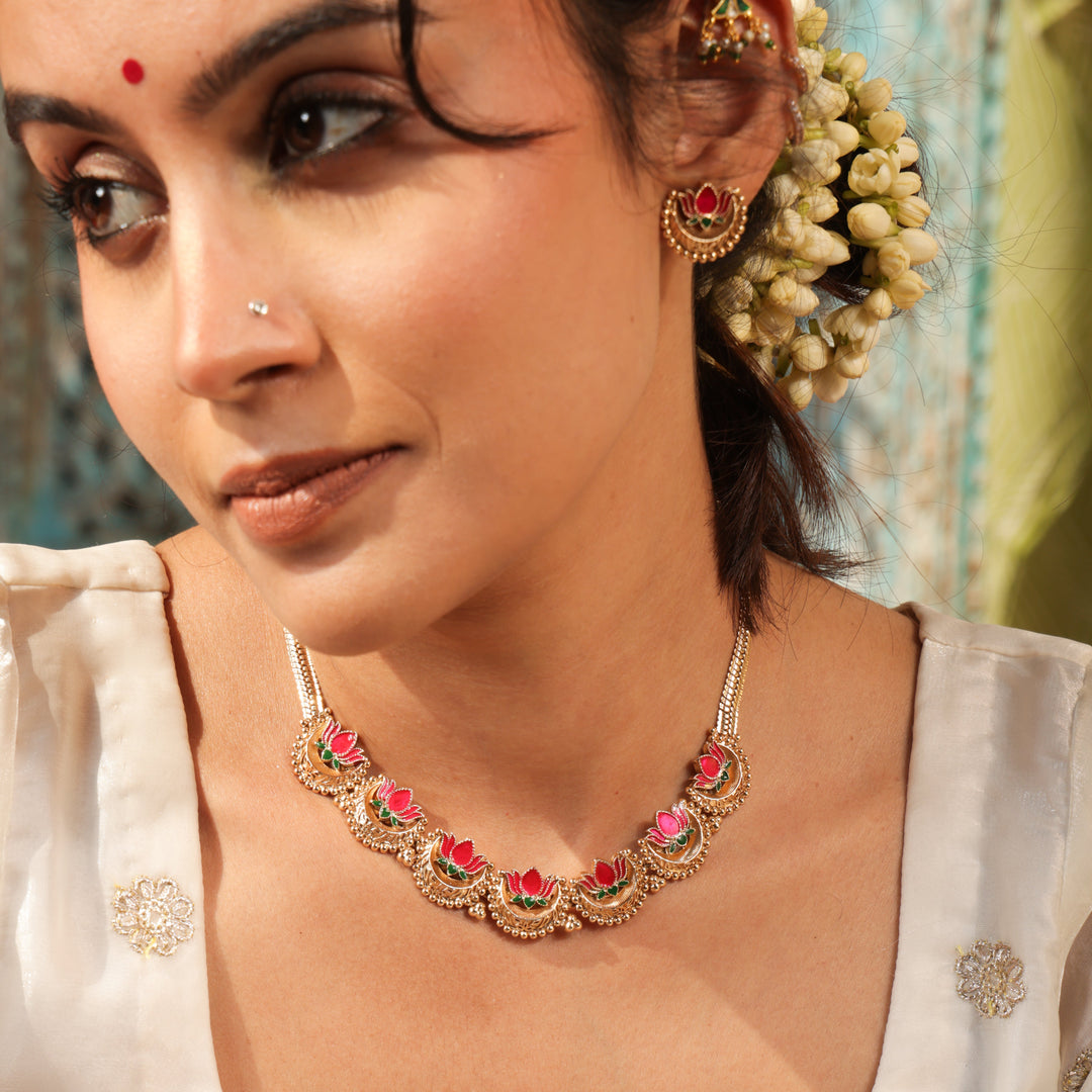 Manika Pink Lotus Heritage Jewellery Set | SHOBITAM