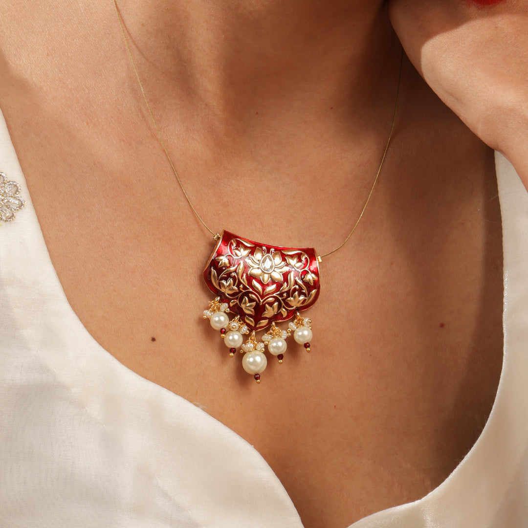 Anvi Lotus Pearl Enamel Pendant Set | SHOBITAM