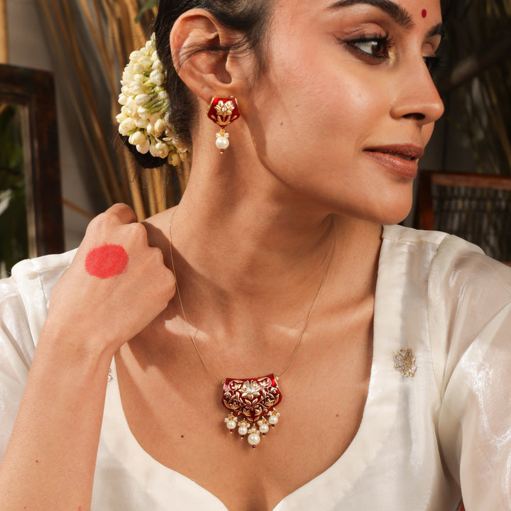 Anvi Lotus Pearl Enamel Pendant Set | SHOBITAM