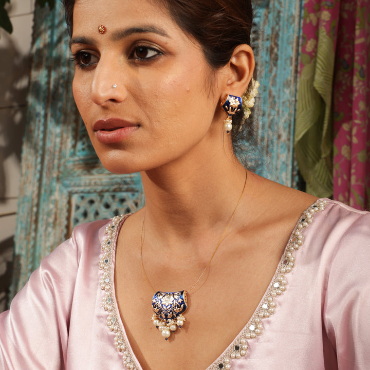 Anvi Lotus Pearl Enamel Pendant Set | SHOBITAM