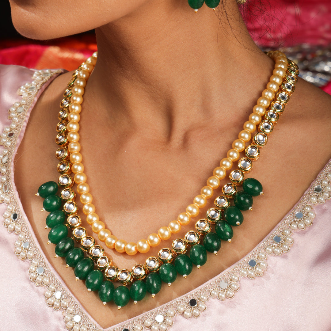 Aira Rajwada Pearl & Emerald Layered Necklace Set | SHOBITAM