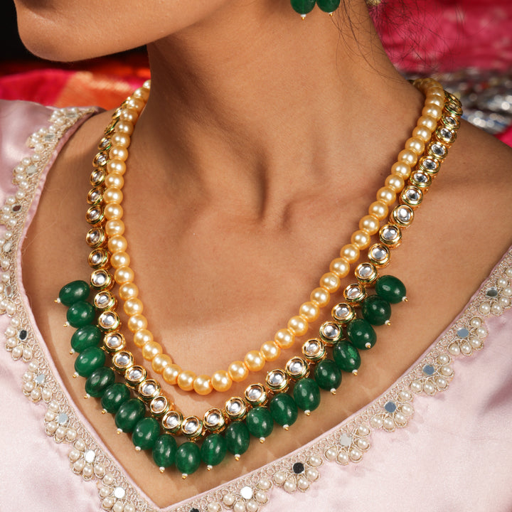Aira Rajwada Pearl & Emerald Layered Necklace Set | SHOBITAM