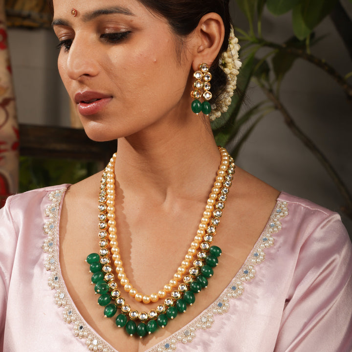 Aira Rajwada Pearl & Emerald Layered Necklace Set | SHOBITAM