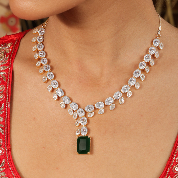 Falak Emerald Royale Diamond-Style Necklace Set | SHOBITAM