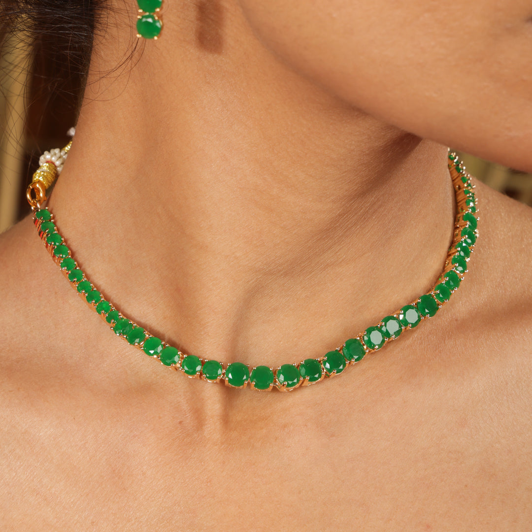Sumaiya Emerald Glow Modern Necklace Set | SHOBITAM