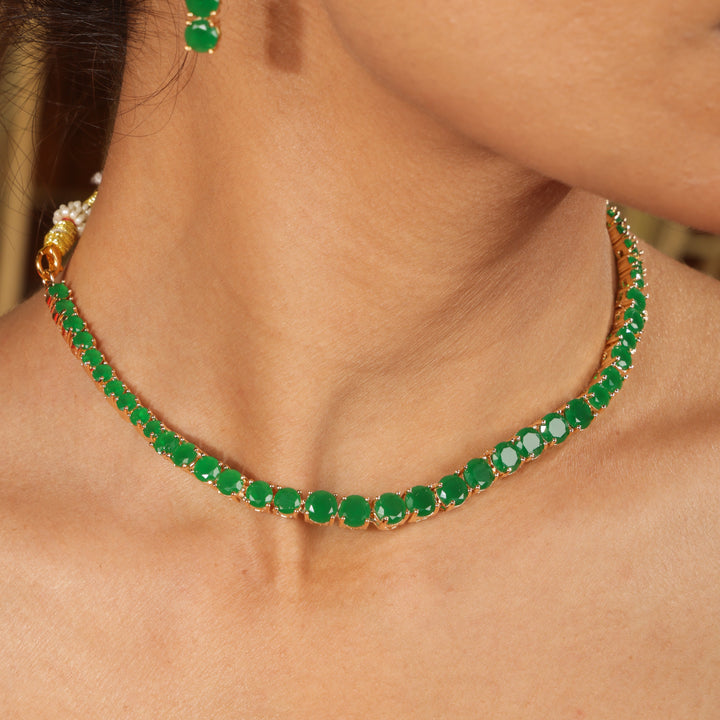 Sumaiya Emerald Glow Modern Necklace Set | SHOBITAM