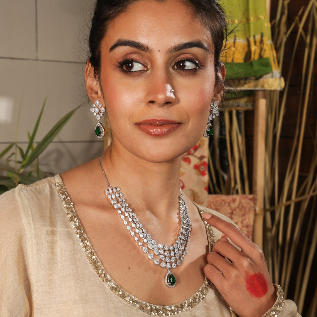 Tahira Emerald Elegance Layered Necklace Set | SHOBITAM