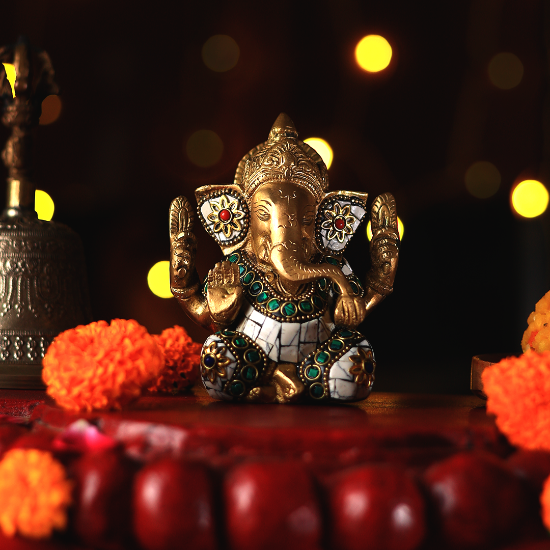 Brass Statue - Ganesha In White Stone Details | SHOBITAM