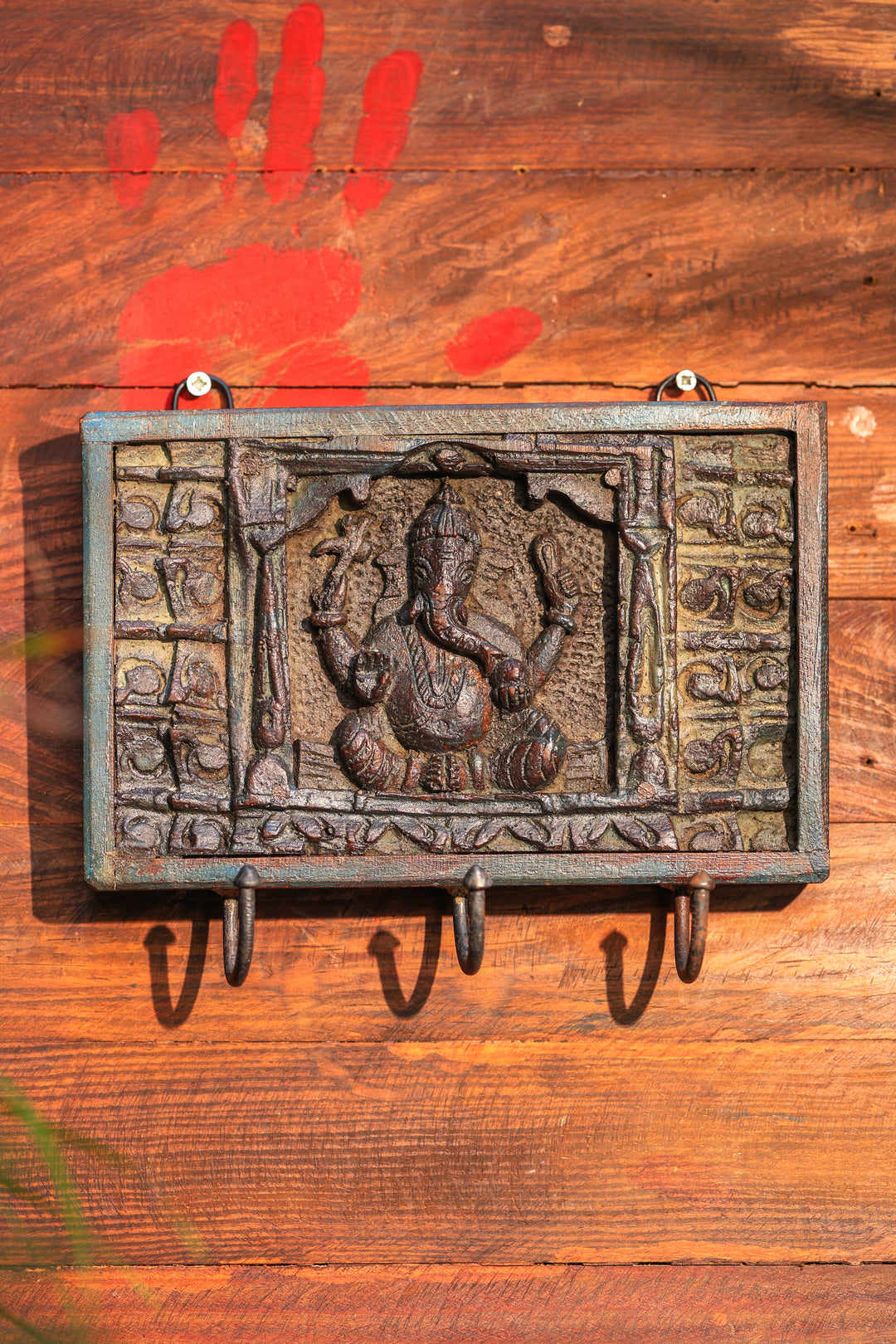 Ganesha wooden panel with hooks - vintage antiq. finish | SHOBITAM