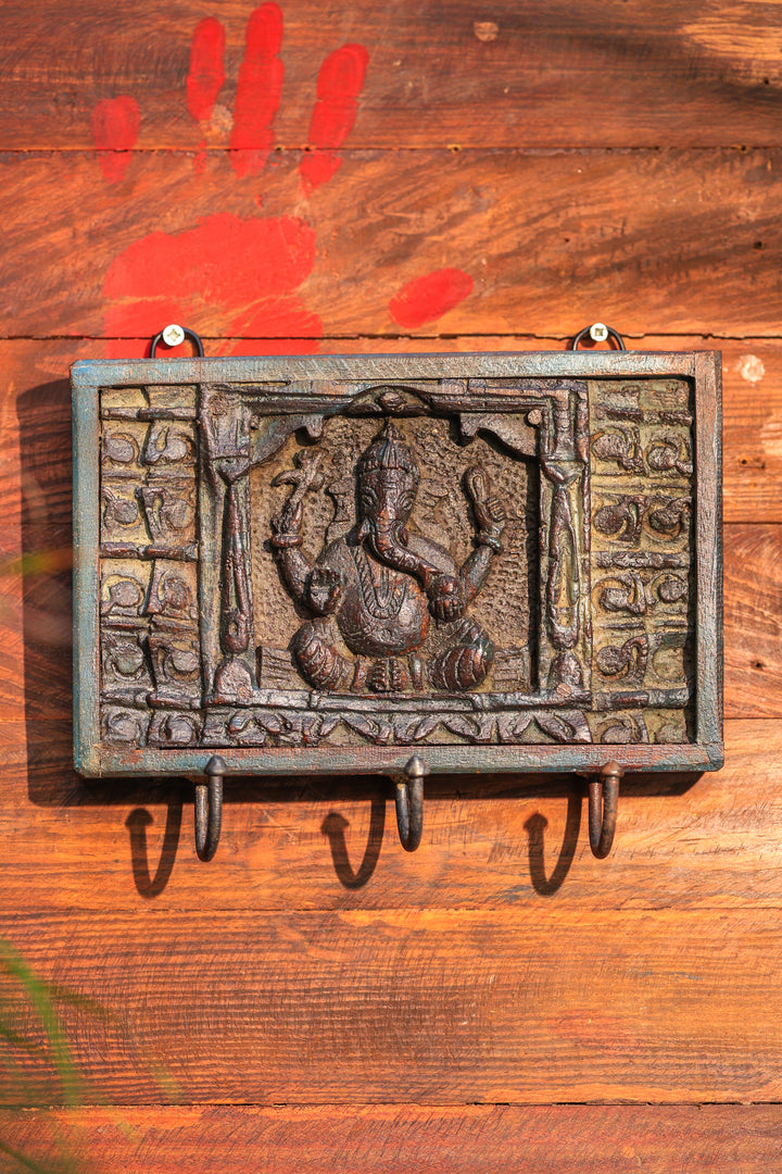 Ganesha wooden panel with hooks - vintage antiq. finish | SHOBITAM