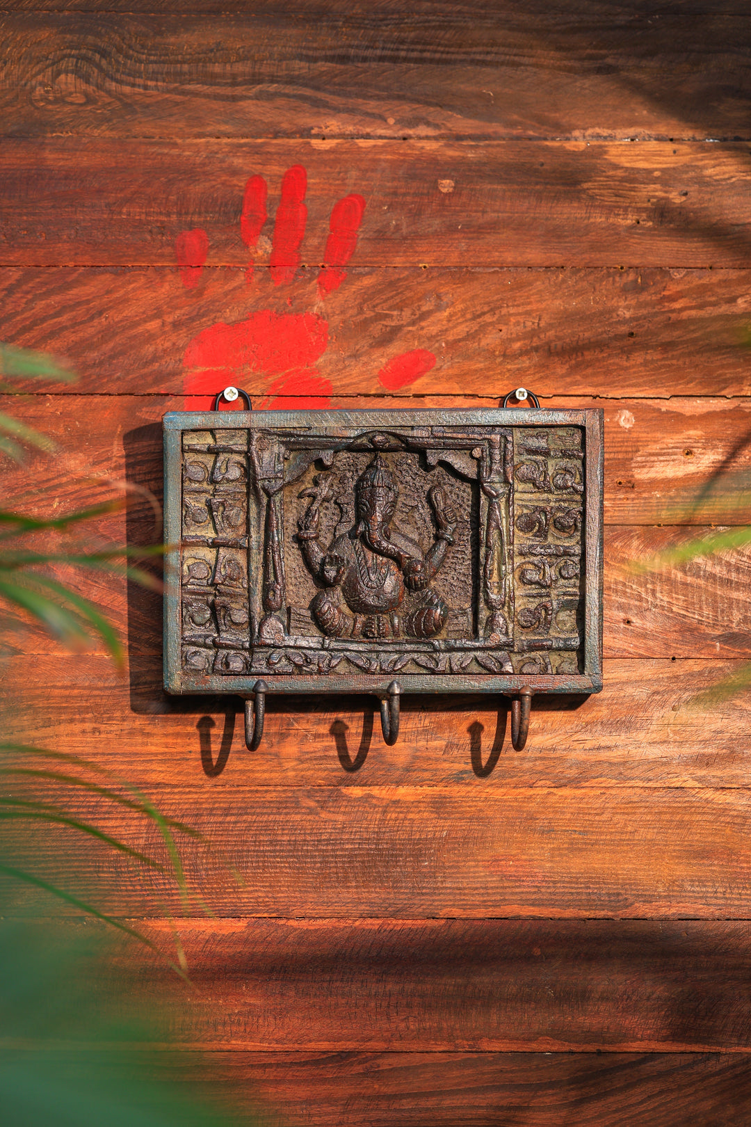 Ganesha wooden panel with hooks - vintage antiq. finish | SHOBITAM