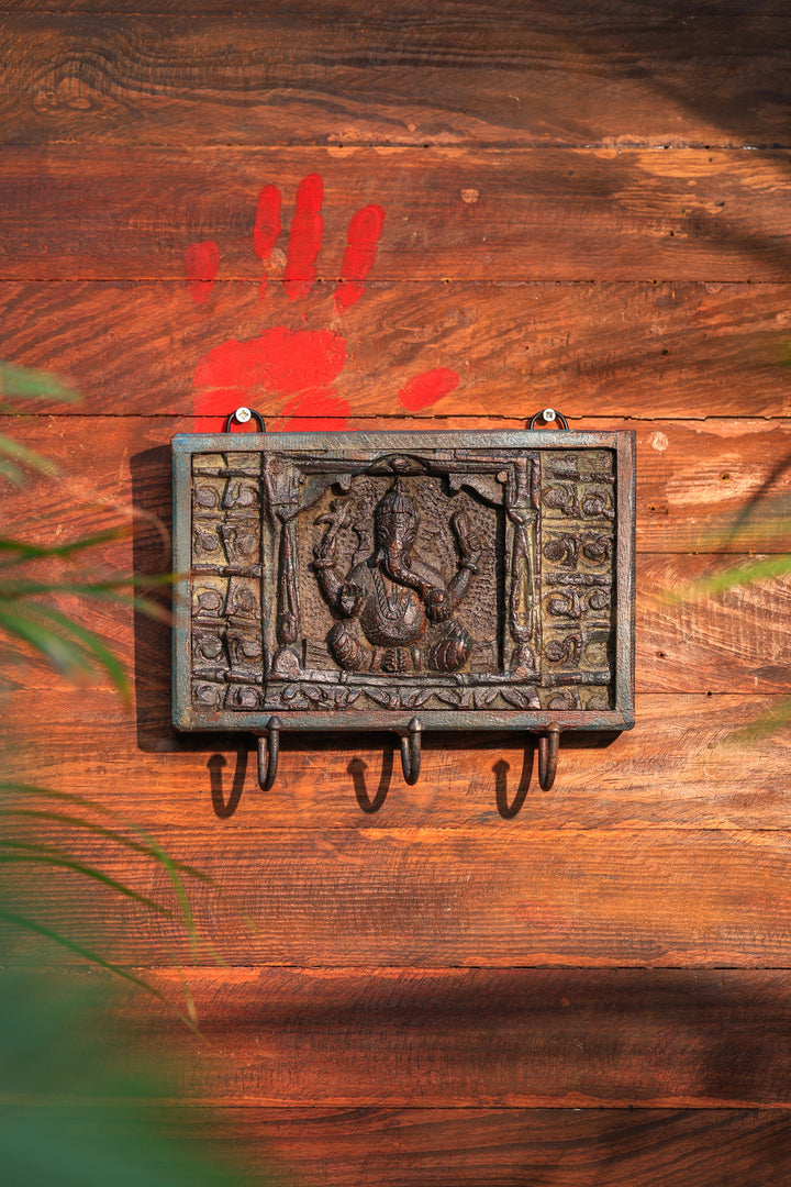 Ganesha wooden panel with hooks - vintage antiq. finish | SHOBITAM