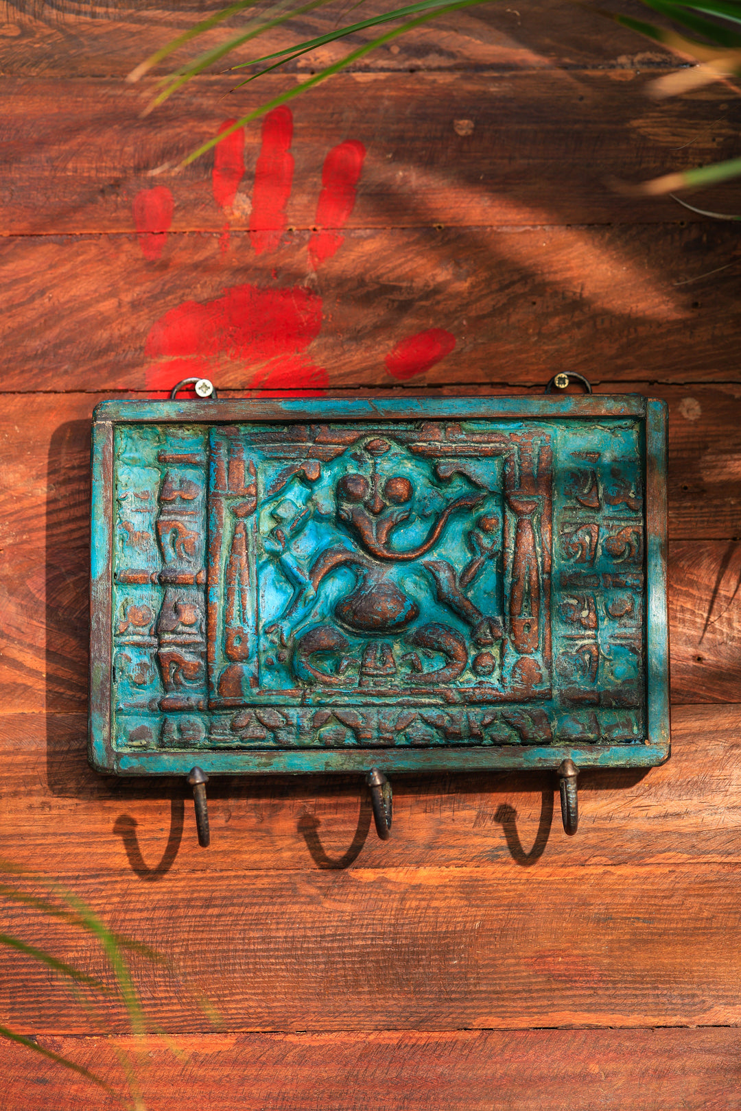 Ganesha wooden panel with hooks - vintage antiq. finish | SHOBITAM