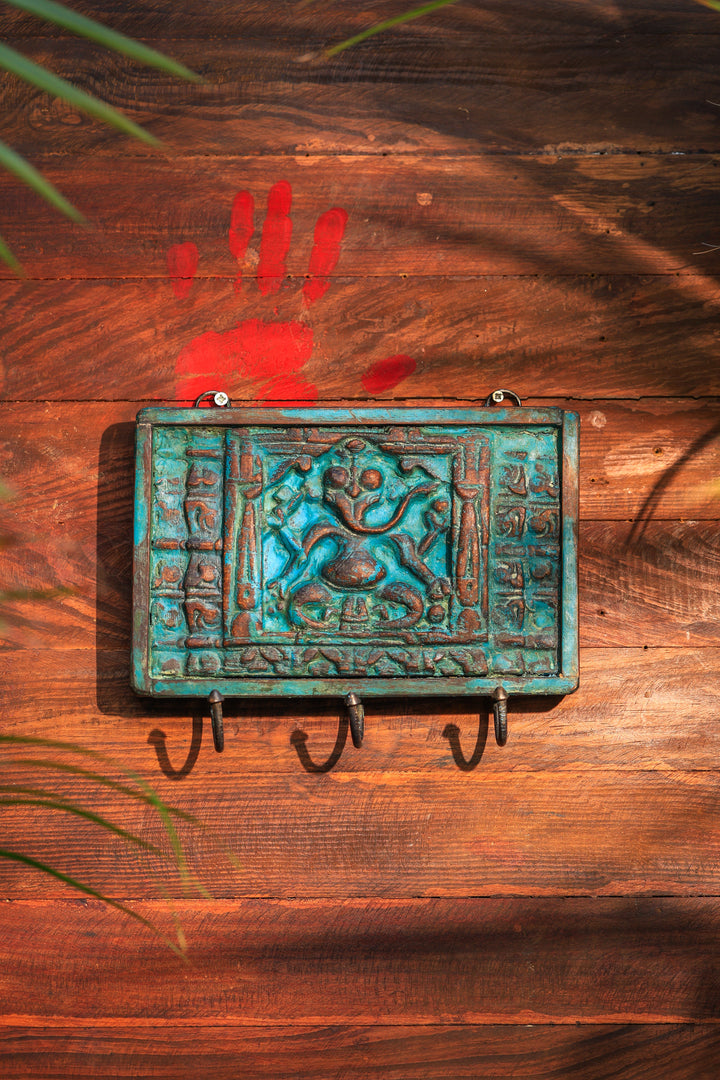 Ganesha wooden panel with hooks - vintage antiq. finish | SHOBITAM