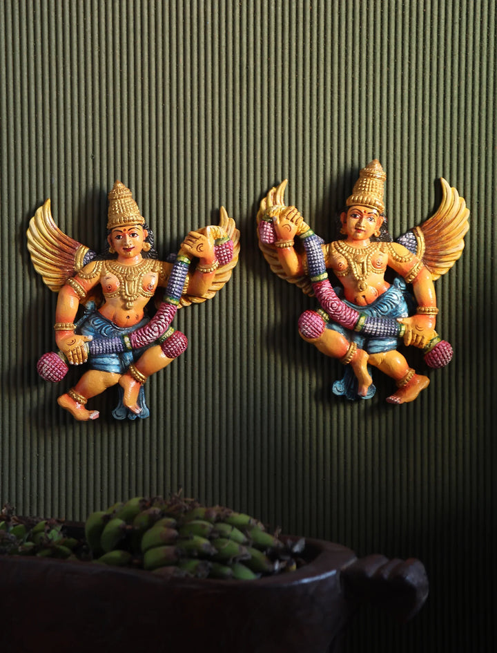 Wooden Handcarved Hand Painted Gandharva with Garland | SHOBITAM