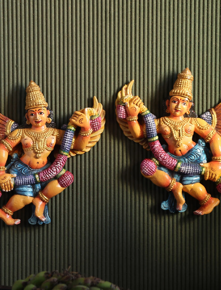 Wooden Handcarved Hand Painted Gandharva with Garland | SHOBITAM