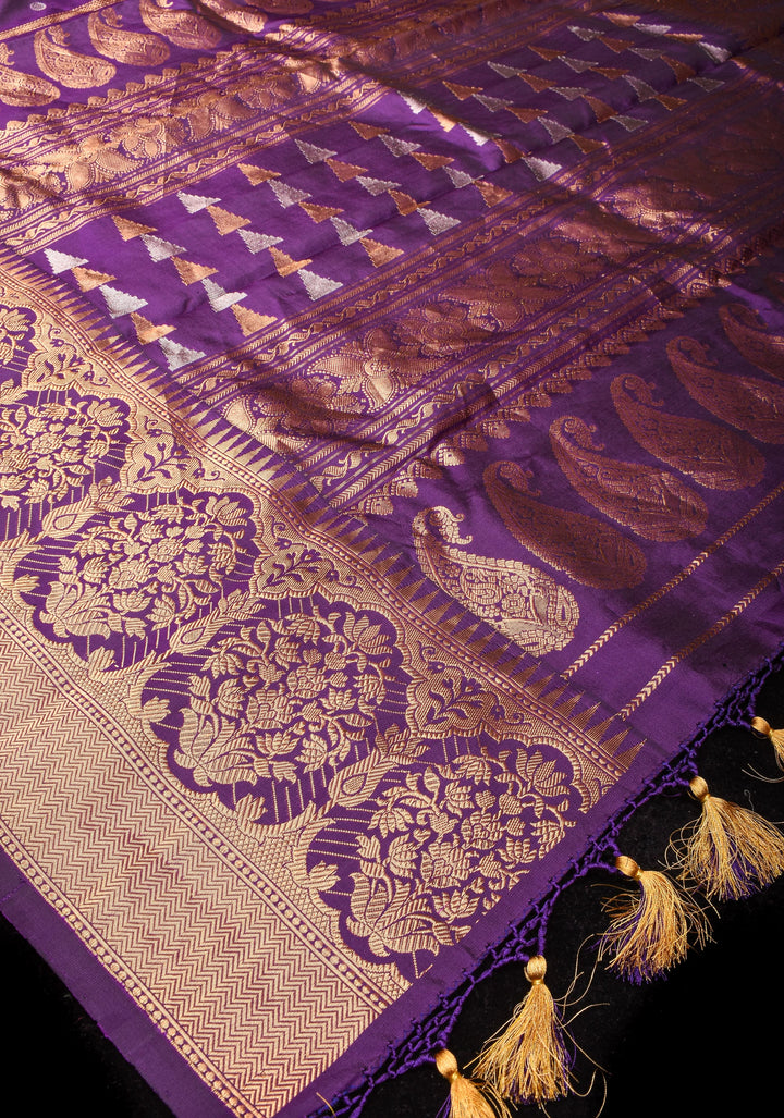 Purple tone Pure Gadwal Silk saree with Sona Rupa Buttas and Wide Zari Border | SILK MARK CERTIFIED