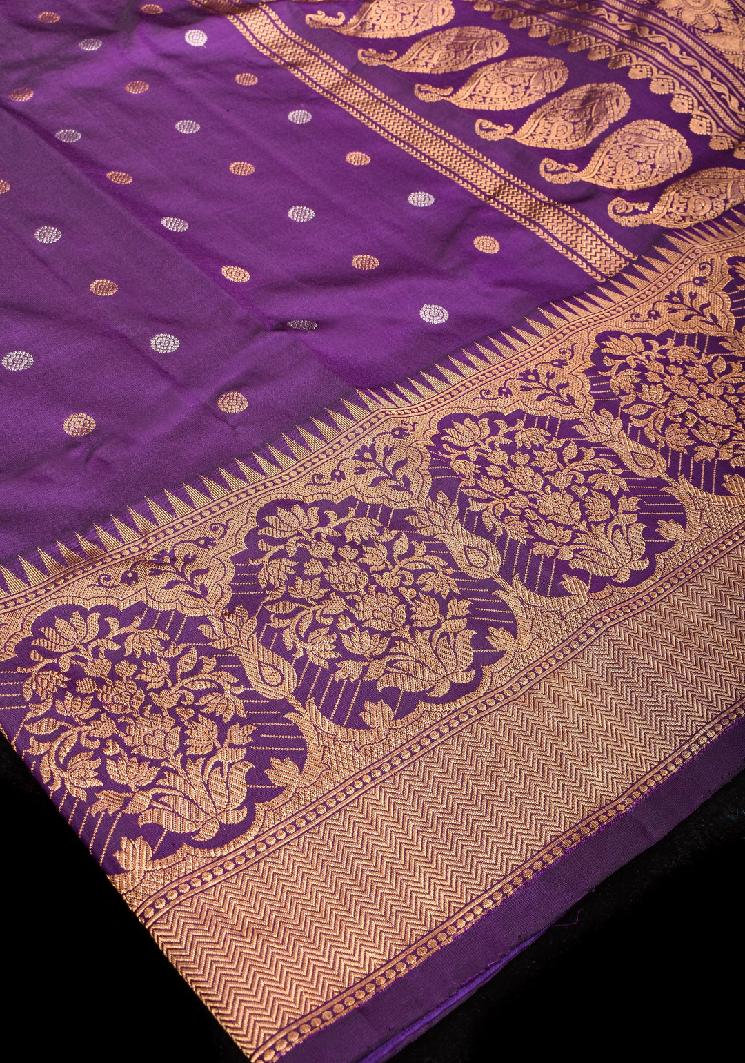 Purple tone Pure Gadwal Silk saree with Sona Rupa Buttas and Wide Zari Border | SILK MARK CERTIFIED