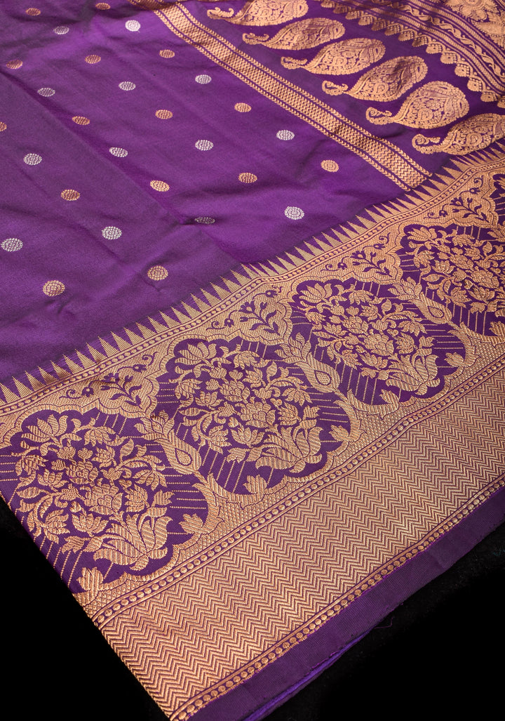 Purple tone Pure Gadwal Silk saree with Sona Rupa Buttas and Wide Zari Border | SILK MARK CERTIFIED