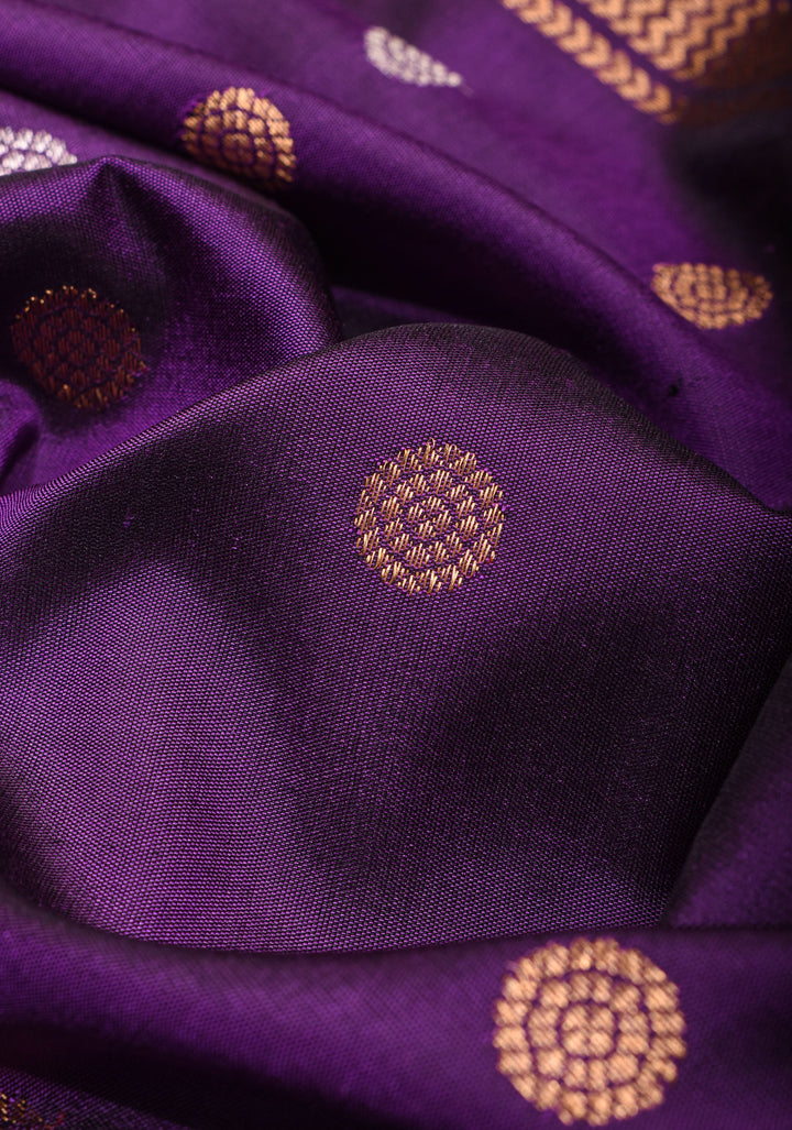 Purple tone Pure Gadwal Silk saree with Sona Rupa Buttas and Wide Zari Border | SILK MARK CERTIFIED