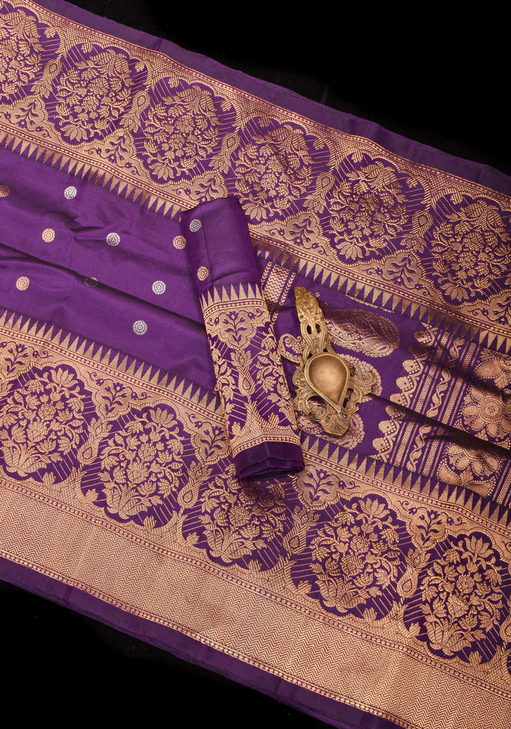 Purple tone Pure Gadwal Silk saree with Sona Rupa Buttas and Wide Zari Border | SILK MARK CERTIFIED