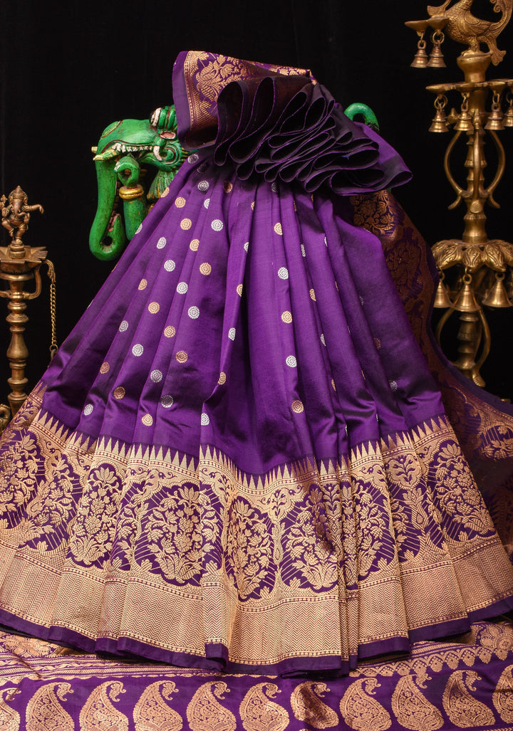Purple tone Pure Gadwal Silk saree with Sona Rupa Buttas and Wide Zari Border | SILK MARK CERTIFIED