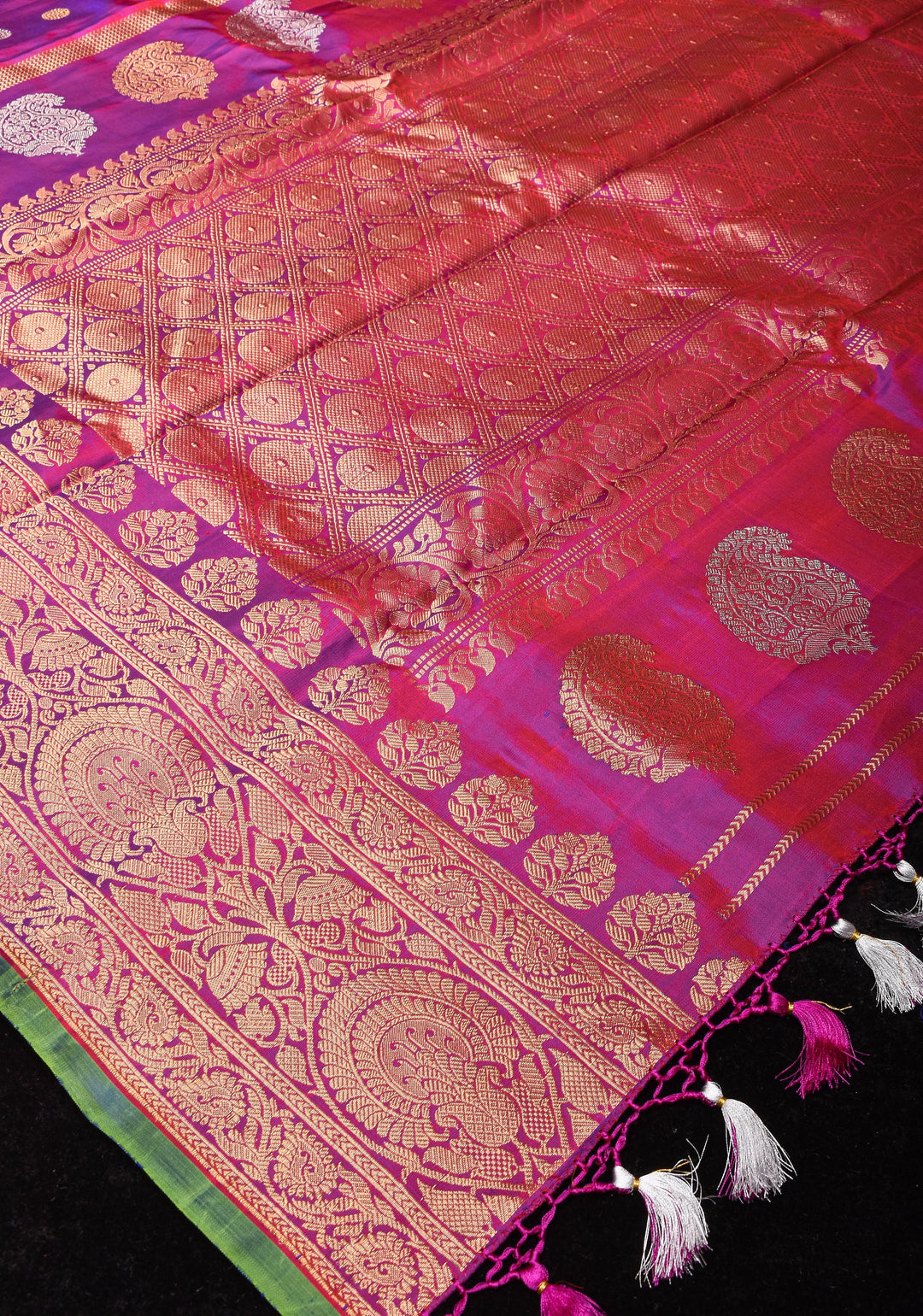 Purple Dual tone Pure Gadwal Silk saree with Sona Rupa Buttas and Wide Zari Border | SILK MARK CERTIFIED