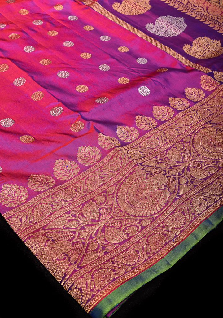 Purple Dual tone Pure Gadwal Silk saree with Sona Rupa Buttas and Wide Zari Border | SILK MARK CERTIFIED