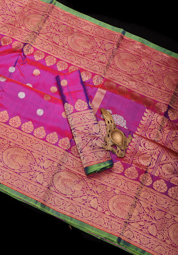 Purple Dual tone Pure Gadwal Silk saree with Sona Rupa Buttas and Wide Zari Border | SILK MARK CERTIFIED