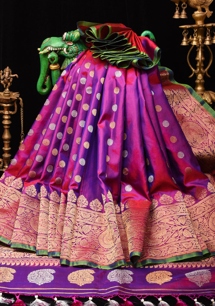 Purple Dual tone Pure Gadwal Silk saree with Sona Rupa Buttas and Wide Zari Border | SILK MARK CERTIFIED